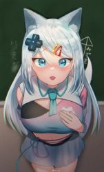 Rule 34 | 1girl, absurdres, animal ear fluff, animal ears, blue eyes, blue hair, blue necktie, blue skirt, breasts, chalkboard, chinese commentary, crop top, fox ears, fox girl, fox tail, hand on own chest, highres, indie virtual youtuber, large breasts, leaning forward, mizuki (vtuber), nail polish, necktie, open mouth, purple nails, rryiup, short necktie, skirt, solo, tail, virtual youtuber