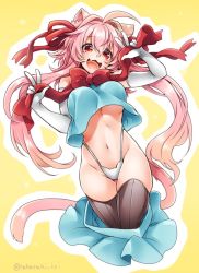 Rule 34 | 1girl, ahoge, animal ears, artist name, bare shoulders, bow, breasts, cat ears, cat girl, cat tail, comomo (tk), crop top, elbow gloves, fang, gloves, large breasts, long hair, looking at viewer, navel, open mouth, orange eyes, original, panties, pink hair, simple background, skin fang, skirt, sleeveless, solo, stomach, tail, takatsuki ichi, thighhighs, tongue, twitter username, underboob, underwear, v, watermark, yellow background