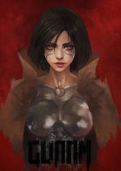 Rule 34 | 1girl, absurdres, alita, alita: battle angel, battle angel alita, black hair, breasts, brown coat, brown eyes, coat, colored skin, commentary, cropped torso, cyborg, english commentary, facial mark, highres, lips, looking at viewer, makeup, mascara, medium breasts, metal skin, monori rogue, multicolored skin, no nipples, nose, popped collar, red background, short hair, solo, thick eyebrows, trench coat, two-tone skin, upper body