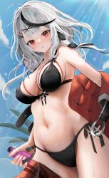 Rule 34 | 1girl, absurdres, bare shoulders, bikini, black bikini, black hair, blush, breasts, cleavage, commentary request, front-tie top, grey hair, hair between eyes, hair ornament, highres, hololive, large breasts, long hair, looking at viewer, multicolored hair, navel, open mouth, red eyes, sakamata chloe, solo, streaked hair, swimsuit, tk@illustration, virtual youtuber, x hair ornament