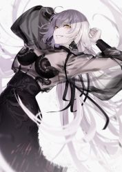 Rule 34 | 1girl, :d, alternate costume, black shirt, blouse, earrings, fate/grand order, fate (series), feet out of frame, hands up, highres, jeanne d&#039;arc (fate), jeanne d&#039;arc alter (avenger) (fate), jeanne d&#039;arc alter (fate), jewelry, long hair, long sleeves, looking at viewer, open mouth, see-through, see-through shirt, shaded face, shirt, silver hair, simple background, smile, solo, tagme, teeth, tsurime, tsurukame, white background