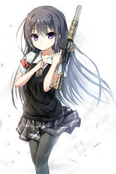 Rule 34 | 1girl, absurdres, armband, artist name, assault rifle, black hair, black pantyhose, camouflage, dated, digital camouflage, eotech, gun, hagi (ame hagi), highres, long hair, looking at viewer, m4 carbine, original, pantyhose, purple eyes, reloading, rifle, signature, skirt, solo, stock (firearm), suppressor, sweater vest, telescoping stock, trigger discipline, weapon