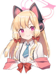 Rule 34 | 1girl, absurdres, animal ear headphones, blonde hair, blue archive, blue necktie, bow, cat ear headphones, closed mouth, collared shirt, cropped torso, fake animal ears, goyain, hair bow, halo, headphones, highres, long hair, looking at viewer, momoi (blue archive), necktie, purple eyes, shirt, simple background, smile, solo, white background, white shirt