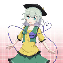 Rule 34 | cato (monocatienus), frills, green eyes, green skirt, green vest, hat, heart, heart of string, komeiji koishi, looking at viewer, open mouth, plaid, plaid background, shirt, silver hair, skirt, smile, solo, third eye, touhou, vest, yellow shirt