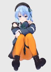 Rule 34 | 1girl, beret, black hat, blue coat, blue eyes, boots, bow, coat, evanstan, eyelashes, full body, green bow, grey background, hand on own cheek, hand on own face, hat, highres, hololive, hoshimachi suisei, hoshimachi suisei (streetwear), knees up, lace-trimmed sleeves, lace trim, leather, leather boots, long hair, looking at viewer, off-shoulder jacket, off shoulder, orange pantyhose, pantyhose, short sleeves, side ponytail, simple background, sitting, solo, star (symbol), star in eye, symbol in eye, thigh strap, tsurime, virtual youtuber, winter clothes, winter coat