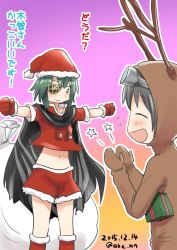 Rule 34 | 10s, 2girls, ahenn, animal costume, cape, christmas, clenched hands, commentary request, dated, diving mask, diving mask on head, eyepatch, gloves, goggles, goggles on head, gradient background, green hair, hat, kantai collection, kiso (kancolle), maru-yu (kancolle), multiple girls, navel, one-hour drawing challenge, reindeer costume, santa costume, santa hat, short hair, text focus, translation request, twitter username