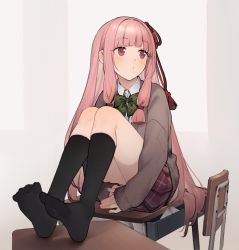 Rule 34 | 1girl, black socks, blazer, blunt bangs, blush, bow, bowtie, brown shirt, cardigan, chair, closed eyes, closed mouth, collar, collared shirt, commentary request, desk, feet, full body, green bow, green bowtie, hair bow, hair ribbon, hands under legs, highres, jacket, kneehighs, knees up, kotonoha akane, long hair, long sleeves, looking away, multi-tied hair, no shoes, on table, pink hair, plaid, pleated skirt, red bow, red eyes, red skirt, ribbon, school chair, school uniform, shirinda fureiru, shirt, sidelocks, simple background, sitting, skirt, sleeves past wrists, socks, solo, table, thighs, voiceroid, white collar