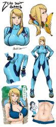 Rule 34 | 2girls, abs, akairiot, alternate costume, banana, bodysuit, breasts, cleavage, food, fruit, highres, large breasts, metroid, midriff, mole, mole on breast, mole under mouth, multiple girls, navel, nintendo, samus aran, sexually suggestive, super smash bros., toned, undressing, wii fit, wii fit trainer, wii fit trainer (female), yaranaika, zero suit, zipper