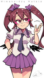 Rule 34 | 1girl, black wings, breasts, brown eyes, brown hair, carte, character name, english text, feathered wings, hair ribbon, hand on own hip, hand up, himekaidou hatate, long hair, medium breasts, necktie, pointy ears, ribbon, shirt, short sleeves, signature, simple background, skirt, smile, solo, sparkle, touhou, twintails, white background, wings
