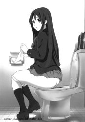 Rule 34 | 1girl, artist request, ass, book bag, butt crack, character request, clothes lift, highres, indoors, loafers, long hair, looking at viewer, looking back, monochrome, panties, panty pull, school uniform, shoes, sitting, skirt, skirt lift, socks, solo, toilet, toilet paper, toilet seat, underwear