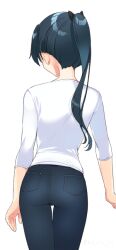 Rule 34 | 1girl, alternate costume, black hair, black pants, commentary request, commission, cowboy shot, from behind, houshou (kancolle), kantai collection, koruri, long hair, pants, ponytail, shirt, simple background, skeb commission, sleeves past elbows, solo, white background, white shirt