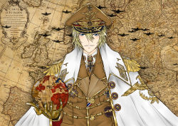 Rule 34 | 1boy, aircraft, airplane, alternate history, blonde hair, brown hat, cape, cloak, collar tabs, cross, darun khanchanusthiti, formal, german text, globe, gloves, hat, highres, iron cross, leather, leather gloves, male focus, map, md5 mismatch, medal, military, military uniform, nazi, necktie, original, peaked cap, resized, resolution mismatch, solo, source larger, suit, uniform