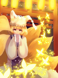 Rule 34 | 1girl, animal ears, animal hat, bad id, bad pixiv id, blonde hair, bug, butterfly, dress, fox ears, fox tail, glowing, hands in opposite sleeves, hat, hat with ears, insect, light, long sleeves, looking at viewer, mob cap, multiple tails, mob cap, sasamaru chimaki, short hair, smile, solo, tabard, tail, tassel, torii, touhou, white dress, wide sleeves, yakumo ran, yellow eyes