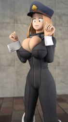 Rule 34 | 1girl, 3d, black bodysuit, bodysuit, boku no hero academia, breasts, breasts squeezed together, brown eyes, brown hair, bursting breasts, cleavage, curvy, dentol, hat, highres, large breasts, medium hair, smile, solo, thighs, utsushimi kemii, wrist cuffs, zipper