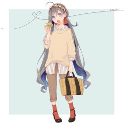 Rule 34 | 1girl, ahoge, alternate costume, ankle strap, bag, blue background, border, brown pants, brown sweater, burger, colis, dress shirt, food, full body, grey eyes, grey hair, hair between eyes, hair bun, hairband, high heels, holding, holding bag, kantai collection, kiyoshimo (kancolle), looking at viewer, low twintails, open mouth, pants, red socks, round teeth, shirt, single hair bun, socks, solo, strappy heels, striped clothes, striped shirt, sweater, teeth, twintails, twitter username, two-tone background, upper teeth only, white border