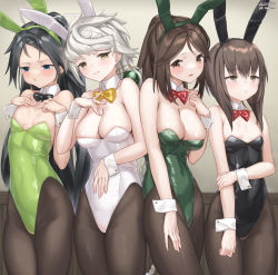 Rule 34 | 4girls, amagi (kancolle), animal ears, asymmetrical hair, black bow, black bowtie, black hair, black leotard, black pantyhose, blue eyes, bow, bowtie, braid, breast envy, breasts, brown eyes, brown hair, cleavage, commentary request, commission, cowboy shot, detached collar, green leotard, highleg, highleg leotard, highres, kantai collection, katsuragi (kancolle), leotard, long hair, medium breasts, multiple girls, pantyhose, parted lips, playboy bunny, ponytail, rabbit ears, red bow, red bowtie, sagace, short hair with long locks, single braid, skeb commission, small breasts, strapless, strapless leotard, taihou (kancolle), unryuu (kancolle), very long hair, white hair, white leotard, wrist cuffs, yellow bow, yellow bowtie