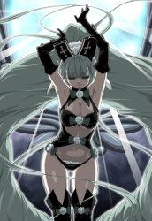 Rule 34 | 10s, 1girl, armpits, arms up, backlighting, black gloves, black panties, black thighhighs, blunt bangs, boots, breasts, cleavage, closed eyes, closed mouth, elbow gloves, etia visconti, frilled panties, frills, gen&#039;ei wo kakeru taiyou, gloves, groin, large breasts, light beam, long hair, navel, panties, solo, standing, thigh boots, thighhighs, underwear, very long hair, you2