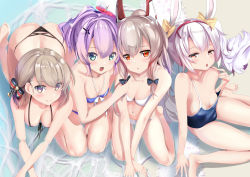 Rule 34 | 4girls, all fours, animal ears, ayanami (azur lane), azur lane, beach, bikini, black bikini, blonde hair, blue bikini, blue eyes, blush, breasts, cleavage, commentary request, cross, cross hair ornament, day, downblouse, from above, grey eyes, hair between eyes, hair ornament, hair ribbon, highres, in water, iron cross, javelin (azur lane), javelin (beach picnic!) (azur lane), laffey (azur lane), light purple hair, long hair, looking at viewer, medium breasts, multiple girls, navel, ocean, off shoulder, one-piece swimsuit, open mouth, outdoors, platinum blonde hair, purple hair, rabbit ears, ribbon, sand, school swimsuit, schreibe shura, short hair, sitting, small breasts, stomach, swimsuit, thigh gap, thighs, twintails, wariza, white bikini, yellow eyes, z23 (azur lane)