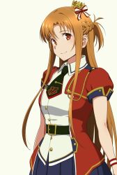 Rule 34 | 1girl, asuna (sao), belt, braid, breasts, brown belt, brown eyes, brown hair, collared shirt, female focus, jacket, long hair, looking at viewer, medium breasts, necktie, open clothes, open jacket, parted bangs, pleated skirt, puffy short sleeves, puffy sleeves, puge, red jacket, red necktie, shirt, short necktie, short sleeves, simple background, skirt, smile, solo, sword art online, tie clip, white background, white shirt