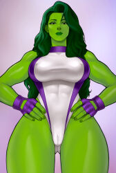Rule 34 | 1girl, artist request, ass, bare arms, bare legs, bare shoulders, breasts, cameltoe, cleft of venus, colored skin, curvy, fingerless gloves, gloves, green eyes, green hair, green skin, hands on own hips, highleg, highleg leotard, highres, large breasts, leotard, lips, long hair, looking at viewer, marvel, muscular, muscular female, serious, she-hulk, shiny skin, simple background, solo, standing, superhero costume, two-tone leotard, wide hips