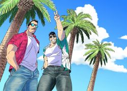 Rule 34 | 2boys, arm hair, bara, black pants, bulge, casual, chest hair, couple, denim, dickfish (fishismdick), glasses, green shirt, grin, hand in pocket, jeans, large pectorals, looking at viewer, male focus, mature male, multiple boys, muscular, muscular male, original, palm tree, pants, pectorals, red shirt, shirt, short hair, sideburns, sidepec, smile, sunglasses, tank top, thick thighs, thighs, tree, white shirt, white tank top, yaoi