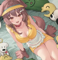 Rule 34 | 1girl, :d, animal ears, animal hands, apron, blush, bone hair ornament, braid, breasts, brown eyes, brown hair, cleavage, crop top, dog ears, dog tail, doggy god&#039;s street, from above, gloves, hair ornament, highres, hololive, hoso-inu, inugami korone, large breasts, listener (inugami korone), on bed, open mouth, paw gloves, ruka tou, sitting, skirt, smile, solo, tail, twin braids, virtual youtuber, visor cap, white apron, yellow skirt