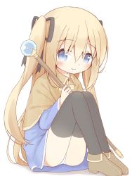 Rule 34 | 1girl, ayanepuna, black ribbon, black thighhighs, blonde hair, blue dress, blue eyes, blush, brown capelet, brown footwear, capelet, closed mouth, commentary request, dress, hair between eyes, hair ribbon, highres, holding, holding staff, knees up, long hair, long sleeves, looking at viewer, orb, original, ribbon, shadow, shoes, sitting, smile, solo, staff, thighhighs, two side up, very long hair, white background