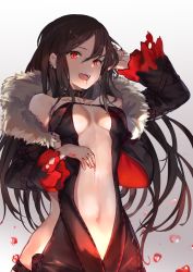 Rule 34 | 1girl, arm up, black dress, black jacket, blood, blood from mouth, blood on hands, breasts, brown hair, commentary request, cropped jacket, dress, fate/grand order, fate (series), fingernails, fur-trimmed jacket, fur trim, glowing, glowing eyes, gradient background, grey background, highres, jacket, long hair, looking at viewer, medium breasts, mosta (lo1777789), navel, open clothes, open jacket, open mouth, red eyes, revealing clothes, solo, torn clothes, torn sleeves, very long hair, white background, wide sleeves, yu mei-ren (fate)