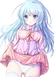 Rule 34 | 1girl, blue eyes, blue hair, blush, breasts, brown skirt, clothes lift, collared shirt, commentary request, dress shirt, dutch angle, gluteal fold, hair between eyes, lifted by self, long hair, looking at viewer, medium breasts, open mouth, original, panties, purple shirt, shihou haru, shirt, simple background, sketch, skirt, skirt lift, solo, thighhighs, underwear, very long hair, white background, white panties, white thighhighs