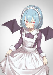 Rule 34 | 1girl, :o, alternate costume, apron, bat wings, black dress, blue hair, blush, clothes lift, commentary request, dress, enmaided, feet out of frame, flat chest, from above, gradient background, grey background, highres, holding, holding clothes, holding skirt, isemori, juliet sleeves, lifted by self, long hair, long sleeves, maid, maid headdress, puffy sleeves, red eyes, remilia scarlet, short hair, simple background, skirt, skirt lift, slit pupils, solo, standing, touhou, white apron, wings
