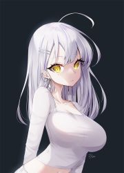 Rule 34 | 1girl, ahoge, ankkoyom, blush, breasts, cleavage, collarbone, commentary request, dark background, ear piercing, earrings, grey hair, hair ornament, highres, jewelry, large breasts, long hair, looking at viewer, mole, mole under eye, navel, original, piercing, simple background, slit pupils, solo, yellow eyes