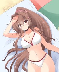Rule 34 | 1girl, bikini, breasts, brown hair, cherry blossoms, cleavage, commentary request, cowboy shot, flower, from behind, hair flower, hair ornament, hands on own head, kantai collection, large breasts, long hair, looking at viewer, lying, one-hour drawing challenge, ponytail, shizuna kaede, smile, solo, swimsuit, twitter username, white bikini, yamato (kancolle)