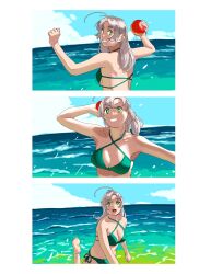Rule 34 | 1girl, 3koma, absurdres, antenna hair, ball, beach, bikini, breasts, collarbone, comic, day, green bikini, green eyes, grey hair, highres, holding, holding ball, kantai collection, kinugasa (kancolle), long hair, looking at viewer, medium breasts, ocean, ojipon, open mouth, outdoors, silent comic, smile, solo, stomach, swimsuit, throwing