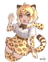 Rule 34 | 10s, 1girl, animal ears, blonde hair, bow, bowtie, breast pocket, brown bow, brown bowtie, claw pose, cowboy shot, elbow gloves, fur collar, gloves, hand up, high-waist skirt, jaguar (kemono friends), jaguar print, kemono friends, legs together, looking at viewer, pocket, shirt, short hair, signature, simple background, skirt, slit pupils, solo, tail, thighhighs, umiroku, upper body, white background, white shirt, yellow eyes