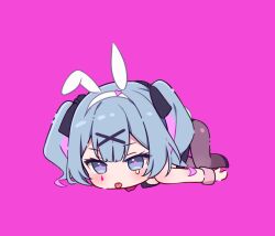 Rule 34 | 1girl, animal ears, bare shoulders, black bow, black footwear, black leotard, blue eyes, blue hair, blush, bow, brown pantyhose, chibi, closed mouth, commentary, english commentary, facial mark, fake animal ears, full body, hair bow, hair ornament, hairband, hatsune miku, heart, hitsukuya, leotard, lying, on stomach, pantyhose, pink background, pure pure (rabbit hole), rabbit ears, rabbit hole (vocaloid), shoes, simple background, solo, tongue, tongue out, top-down bottom-up, v-shaped eyebrows, vocaloid, white hairband, wrist cuffs, x hair ornament
