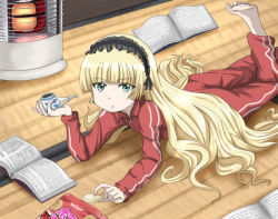 Rule 34 | 1girl, :t, banboro (technobot), barefoot, blonde hair, blunt bangs, book, chips (food), contemporary, food, gosick, green eyes, hairband, heater, jacket, long hair, lying, on floor, on stomach, open book, pants, potato chips, smoking pipe, solo, tatami, track jacket, track pants, track suit, very long hair, victorica de blois