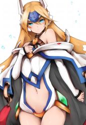 Rule 34 | &gt;:(, 1girl, bad id, bad twitter id, bare shoulders, blazblue, blonde hair, blue eyes, blush, cape, cowboy shot, detached sleeves, forehead protector, frown, hand on own chest, highres, long hair, looking at viewer, mecha musume, mu-12, navel, off shoulder, revealing clothes, snm (sunimi), solo, v-shaped eyebrows