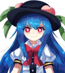 Rule 34 | 1girl, black hat, blue hair, bow, bowtie, breasts, buttons, closed mouth, collared shirt, commentary request, eyelashes, frilled shirt collar, frills, happy, hat, highres, hinanawi tenshi, leaf hat ornament, long hair, peach hat ornament, plus2sf, puffy short sleeves, puffy sleeves, red bow, red bowtie, red eyes, shirt, short sleeves, sidelocks, simple background, small breasts, smile, solo, sun hat, touhou, upper body, very long hair, white background
