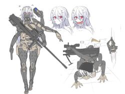 Rule 34 | all fours, android, belt, colored skin, extra arms, fangs, full body, ga-man, gun, handgun, hanging on, highres, long hair, mask, monster girl, original, pink eyes, reloading, rifle, scope, simple background, sniper rifle, upside-down, weapon, white background, white hair, white skin
