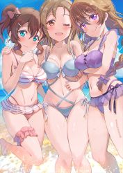 Rule 34 | 3girls, :&gt;, artist name, barefoot, beach, belly, bikini, blue eyes, blue one-piece swimsuit, blue sky, blush, bow, braid, breast hold, breasts, brown eyes, brown hair, cleavage, collarbone, eyelashes, frilled bikini, frills, gluteal fold, groin, hair between eyes, hair bow, hair ornament, hairclip, hand on another&#039;s shoulder, kitahara tomoe (kitahara koubou), konoe haruka, konoe kanata, konoe kanata/haruka&#039;s mother, large breasts, leg up, legs, light brown hair, long hair, looking at viewer, love live!, love live! nijigasaki high school idol club, mature female, medium breasts, medium hair, mother and daughter, multiple girls, navel, ocean, one-piece swimsuit, one eye closed, open mouth, outdoors, purple bikini, purple eyes, red bikini, sky, smile, sparkle, standing, stomach, string bikini, striped bikini, striped clothes, swimsuit, swimsuit skirt, thigh strap, thighs, tongue, tongue out, twintails, twitter username, wet