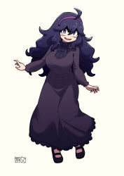Rule 34 | 1girl, @ @, ahoge, alternate breast size, arms at sides, black footwear, blush, breasts, chichibu (watson), creatures (company), dot nose, dress, flipped hair, full body, game freak, hair between eyes, hairband, hex maniac (pokemon), highres, lace, lace-trimmed dress, lace trim, large breasts, long hair, long sleeves, mary janes, messy hair, nintendo, open mouth, pokemon, pokemon xy, purple dress, purple eyes, purple hair, purple hairband, purple sweater, ribbed sweater, shoes, signature, simple background, smile, solo, spider web print, standing, sweater, turtleneck, very long hair, wavy hair, white background