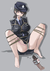 Rule 34 | 1boy, 1girl, absurdres, barefoot, bdsm, black hair, bondage, bound, breasts, clothes lift, defeat, drooling, egg vibrator, hat, highres, large breasts, microphone, necktie, original, panties, penis, police, police uniform, policewoman, purple eyes, rope, sawkm, sex toy, shibari, skirt, skirt lift, solo focus, spread legs, tied up (nonsexual), tongue, tongue out, underwear, uniform, vibrator, white panties