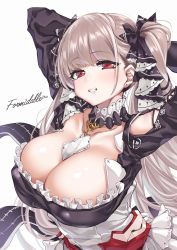 Rule 34 | 1girl, absurdres, arms up, azur lane, bare shoulders, between breasts, black dress, blush, breasts, character name, cleavage, dress, earrings, flight deck, formidable (azur lane), frilled dress, frills, grey hair, grin, hair ribbon, head tilt, highres, jewelry, large breasts, long hair, long sleeves, looking at viewer, red eyes, ribbon, rigging, shashaki, simple background, smile, solo, twintails, two-tone dress, two-tone ribbon, very long hair, white background