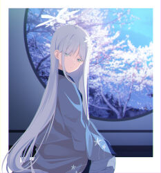 Rule 34 | 1girl, blue archive, cherry blossoms, closed mouth, eko, grey eyes, hair ornament, halo, haori, highres, japanese clothes, long hair, long skirt, long sleeves, looking at viewer, nagusa (blue archive), pleated skirt, round window, seiza, sitting, skirt, solo, white hair, white skirt, wide sleeves, window