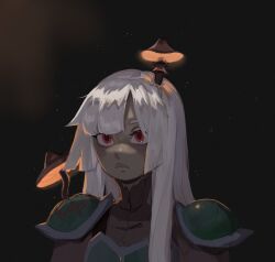 Rule 34 | 1girl, armor, commentary, dungeons &amp; dragons, english commentary, expressionless, eyebrows hidden by hair, light particles, long hair, mushroom on head, original, portrait, red eyes, shoulder armor, smol succubus, solo, turtleneck, white hair