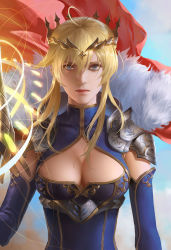 Rule 34 | 1girl, ahoge, armor, artoria pendragon (fate), artoria pendragon (lancer) (fate), blonde hair, blue eyes, blue gloves, breasts, cape, cleavage, crown, elbow gloves, fate/grand order, fate (series), fur trim, gloves, glowing, glowing weapon, highres, lance, looking at viewer, polearm, realistic, red cape, renyu1012, serious, shoulder armor, solo, upper body, weapon