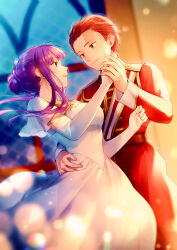 Rule 34 | 1boy, 1girl, ballroom, closed mouth, dancing, dress, elbow gloves, fern (sousou no frieren), forehead, formal, gloves, hair bun, hair pulled back, highres, indoors, long hair, long sleeves, looking at another, night, open mouth, pants, purple eyes, purple hair, red hair, scar, scar on face, scar on forehead, short hair, short sleeves, sidelocks, smile, sousou no frieren, stark (sousou no frieren), suit, teeth, upper teeth only, white dress, white gloves, yuyu (yuyudesu0806)