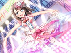Rule 34 | 1girl, :d, aro 1801, ascot, bang dream!, black hair, blue eyes, blush, bow, center frills, character hair ornament, clothing cutout, collared dress, dress, dutch angle, frills, garter straps, hair bow, hair ornament, heart cutout, highres, looking at viewer, medium hair, michelle (bang dream!), navel cutout, okusawa misaki, open mouth, outstretched arms, pink bow, pink ribbon, red ascot, ribbon, scaffolding, smile, solo, spread arms, stage lights, striped ascot, striped bow, striped neckwear, thighhighs, white thighhighs