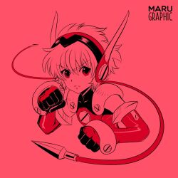 Rule 34 | 1girl, angelic layer, artist name, bodysuit, cable, clenched hands, closed mouth, fighting stance, frown, headgear, highres, hikaru (angelic layer), looking at viewer, maru graphic, monochrome, red theme, short hair, solo, spanish commentary, split mouth, upper body