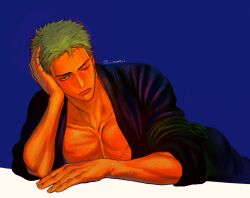 Rule 34 | 1boy, bara, bored, dark-skinned male, dark skin, elbow rest, feet out of frame, green hair, highres, japanese clothes, kimono, large pectorals, looking at viewer, male focus, nok (nok 1), one piece, pectoral cleavage, pectorals, roronoa zoro, scar, scar across eye, short hair, solo